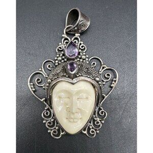 Sterling Silver Pendant Carved Goddess Face Purple Rhinestone Filigree Statement